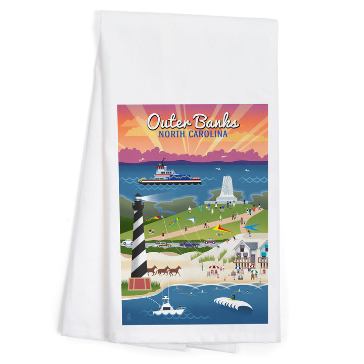 Outer Banks, North Carolina, Retro Scenes, Organic Cotton Kitchen Tea Towels
