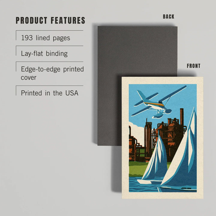 Lined 6x9 Journal, Seattle, Washington, Lake Union, Woodblock, Lay Flat, 193 Pages, FSC paper