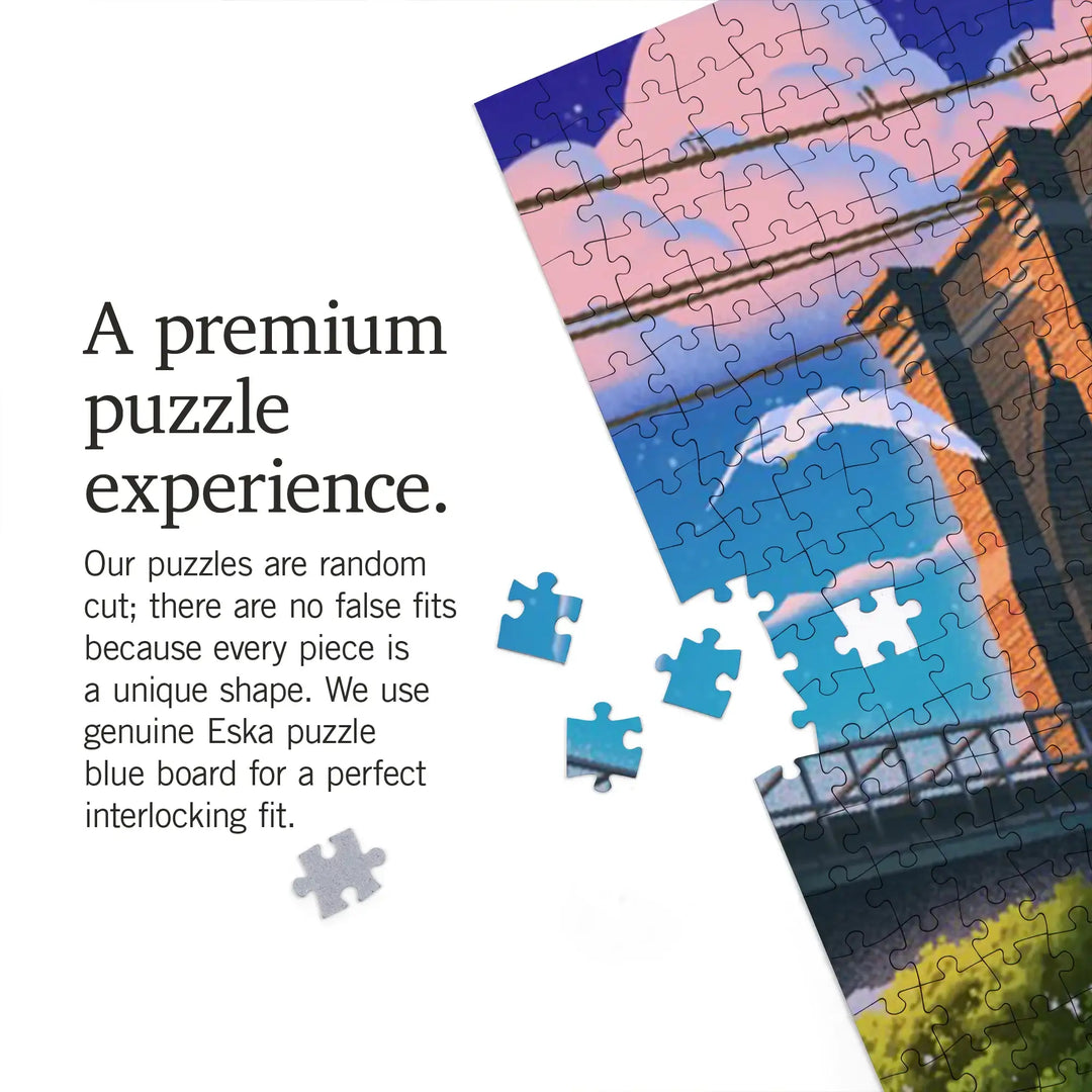 New York City, New York, Lithograph, Brooklyn Bridge at Dusk, Jigsaw Puzzle