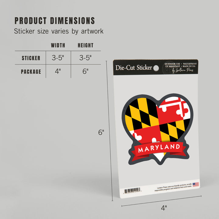 Maryland, Heart, State and Flag Design, Contour, Lantern Press Artwork, Vinyl Sticker