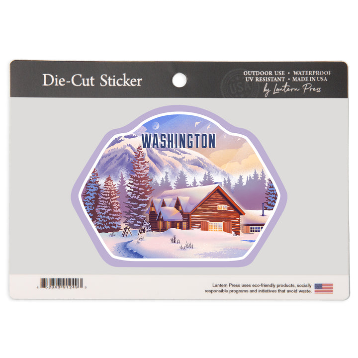 Washington, Lithograph, Mountain Lodge, Winter Scene, Vinyl Sticker