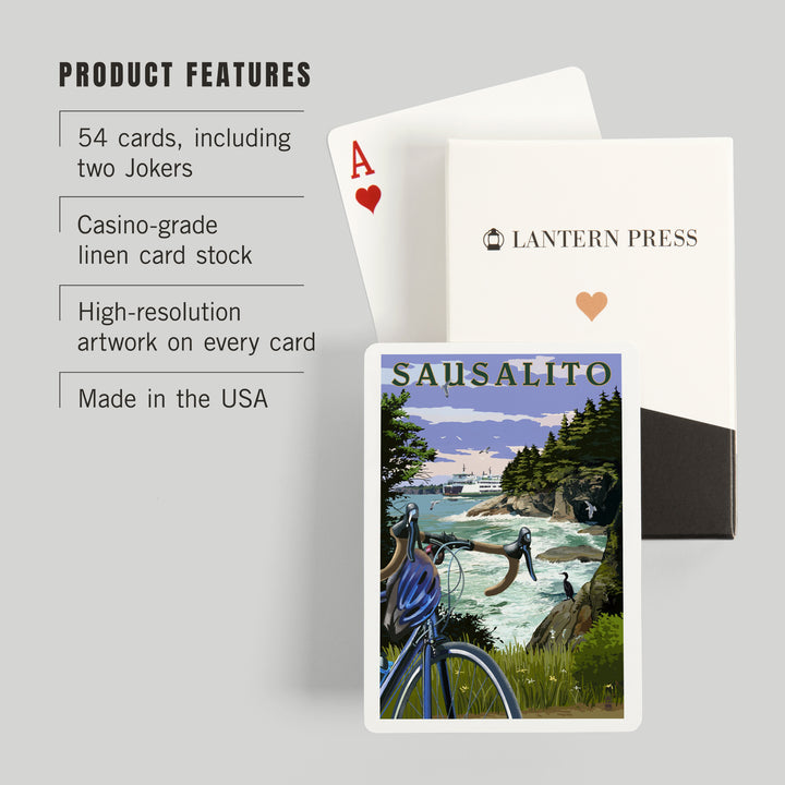 Playing Cards, Sausalito, California, Coastal Scene, Bike and Ferry, 52 Card Deck with Jokers in Box, Unique Art