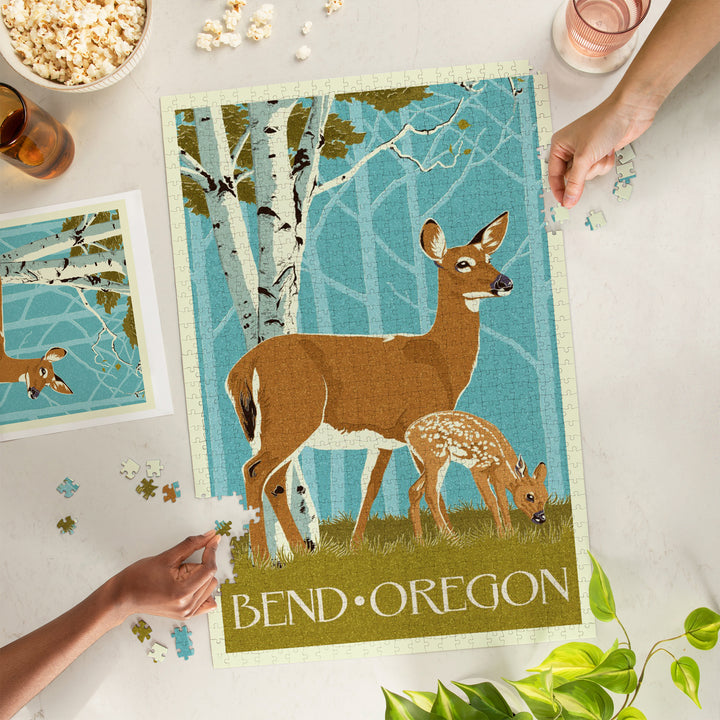 Bend, Oregon, Deer and Fawn, Letterpress, Jigsaw Puzzle