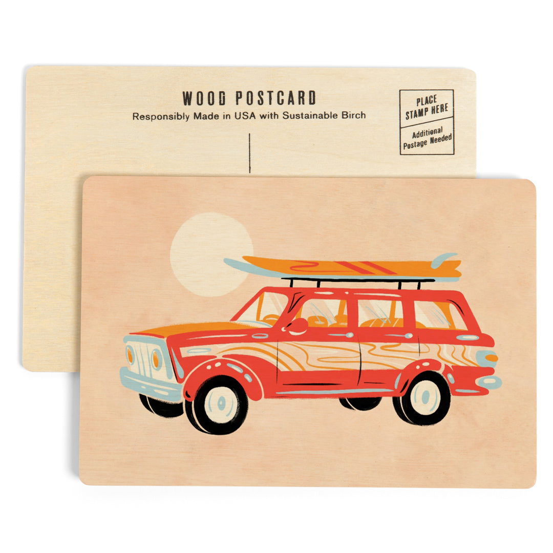 Secret Surf Spot, Woody Wagon With Surfboards, Wood Sign and Postcards