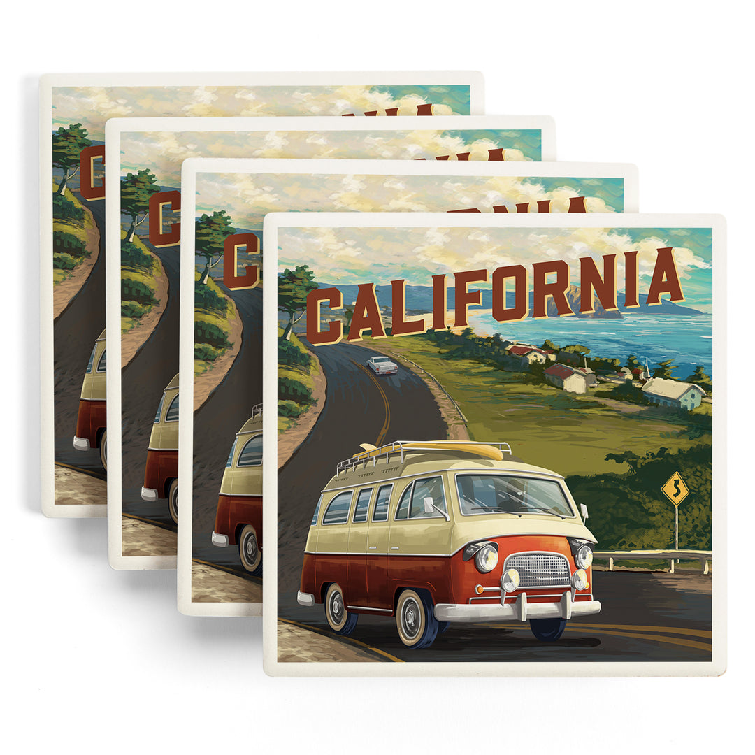 California, Camper Van, Ocean, Coaster Set