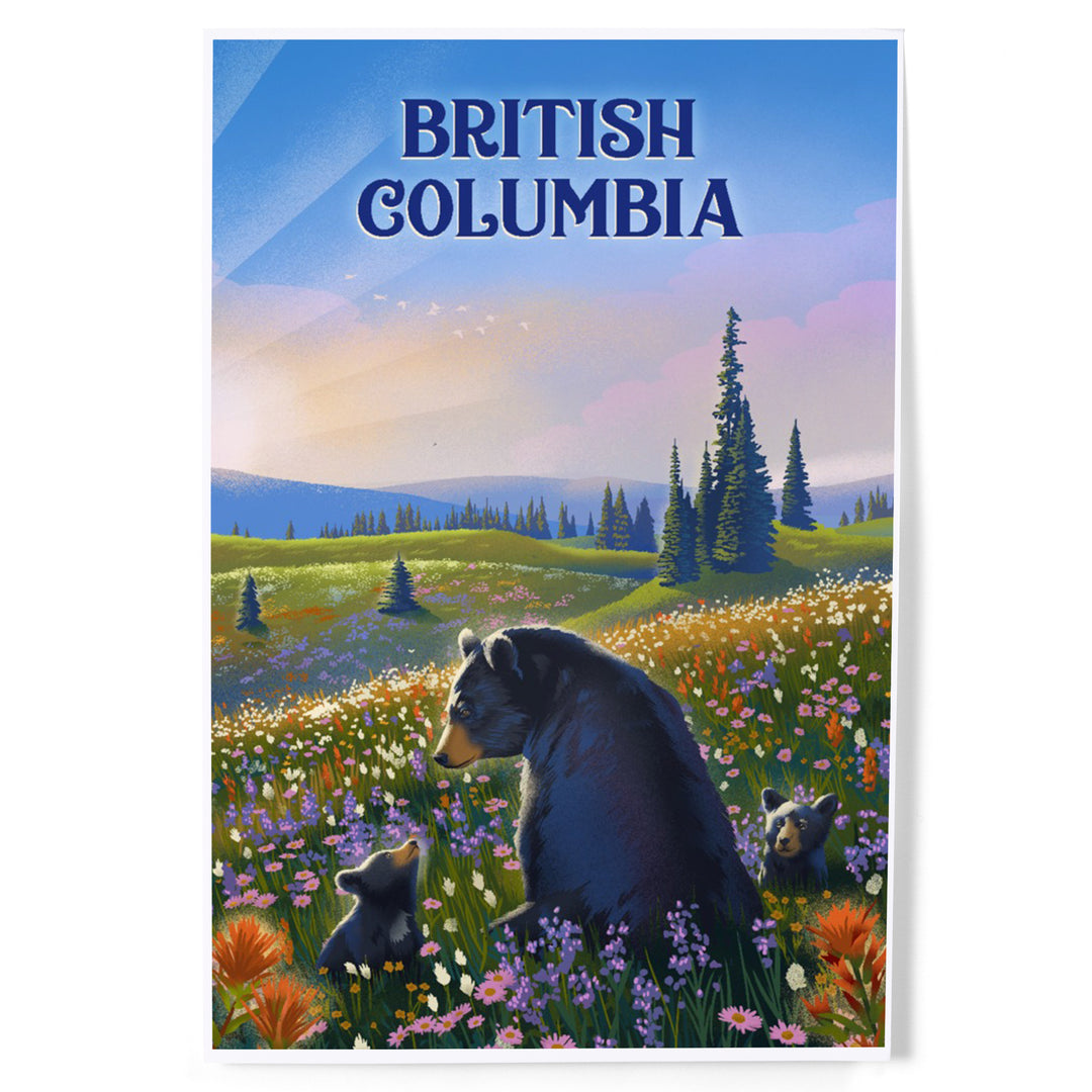 British Columbia, Lithograph, Bear Family in Field, Art & Giclee Prints