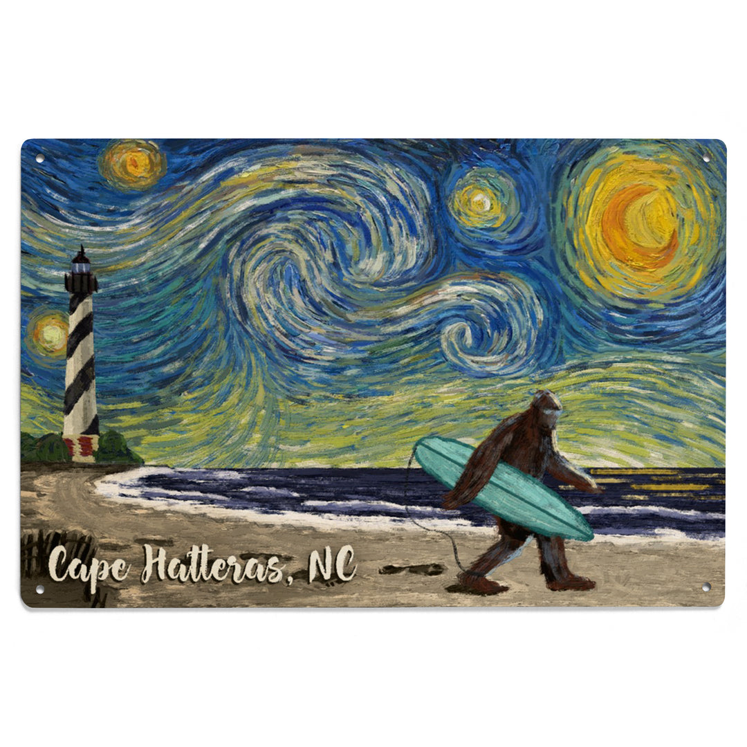 Cape Hatteras, North Carolina, Van Gogh Starry Night, Bigfoot, Lantern Press Artwork, Wood Signs and Postcards