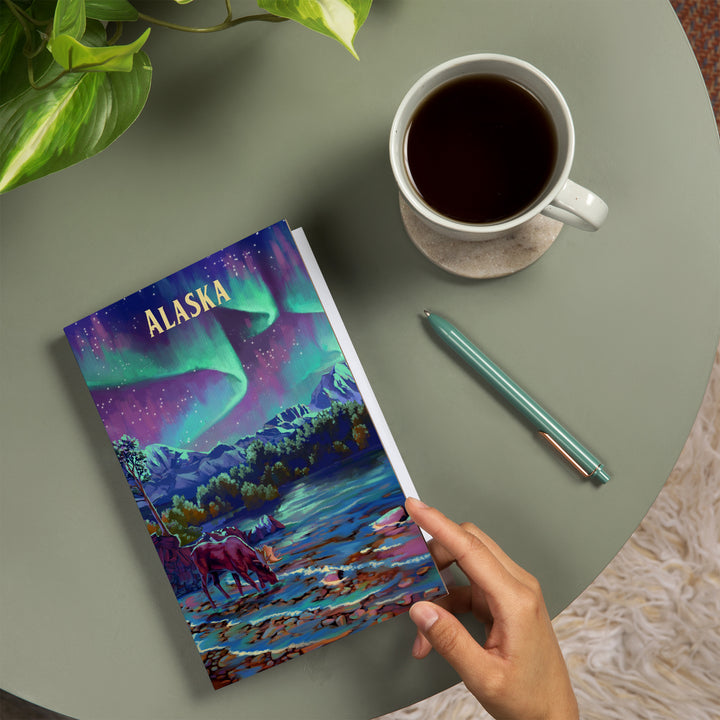 Lined 6x9 Journal, Alaska, Oil Painting, Northern Lights Lake, Lay Flat, 193 Pages, FSC paper