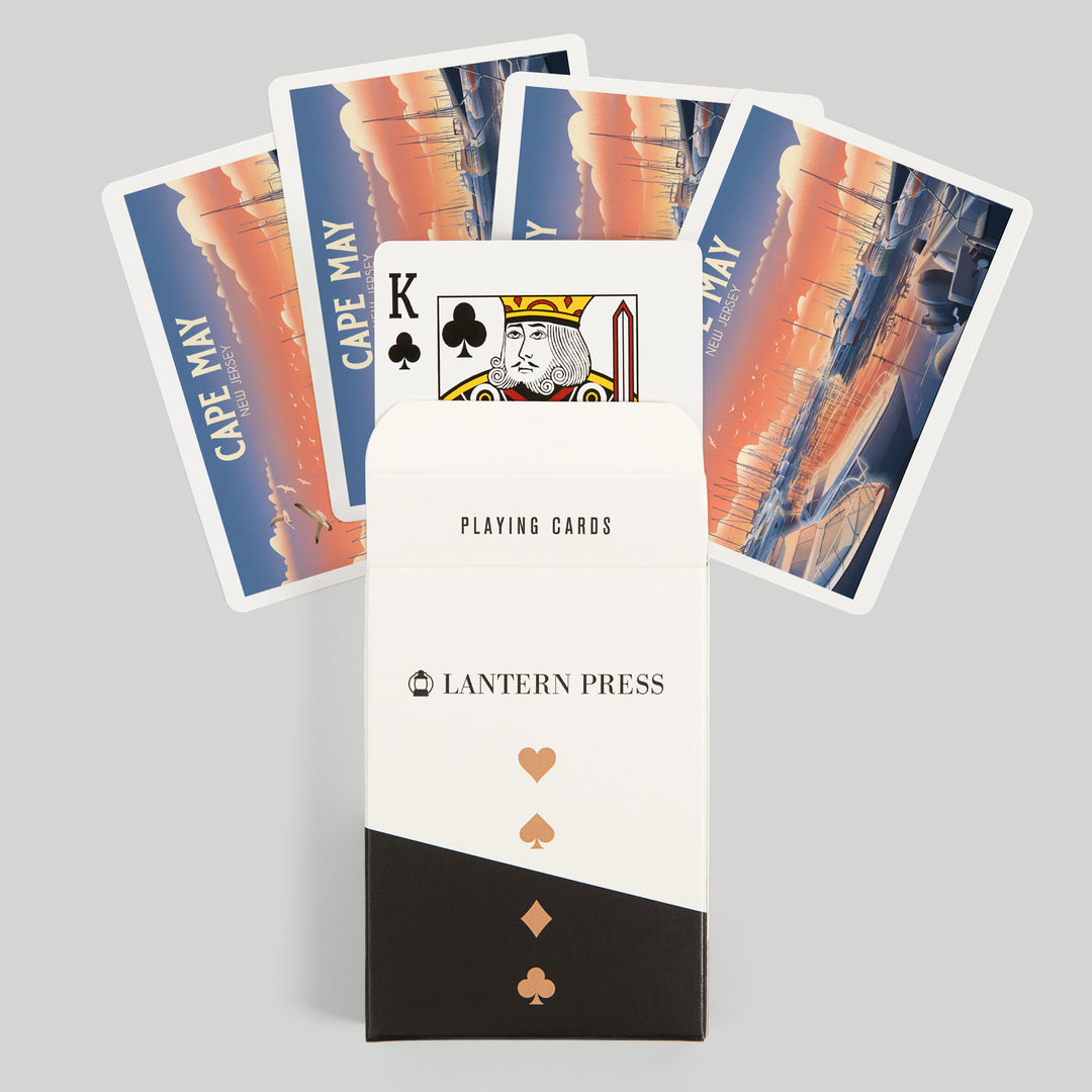 Playing Cards, Cape May, New Jersey, Lithograph, Home Sweet Harbor, Boats in Marina, 52 Card Deck with Jokers in Box, Unique Art