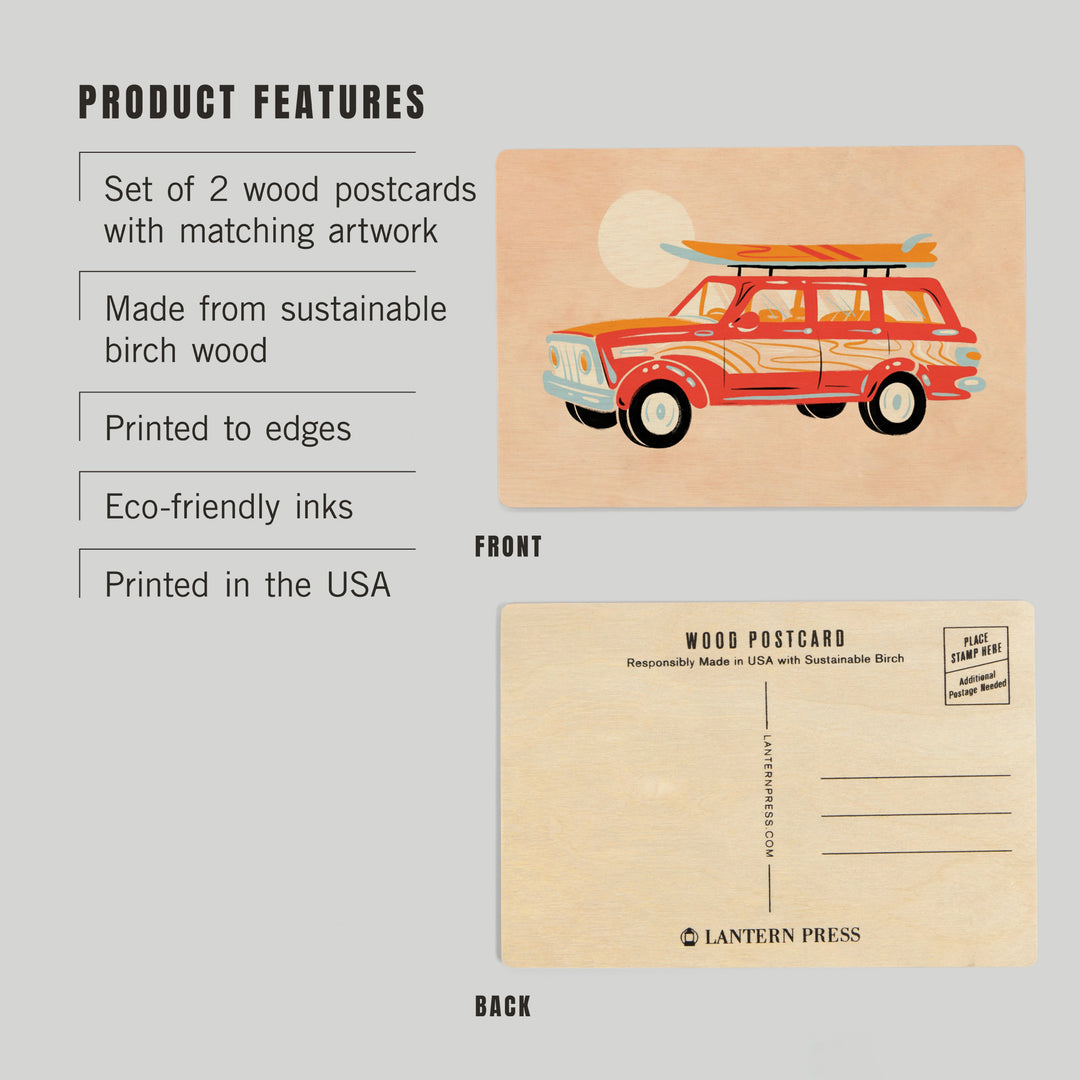 Secret Surf Spot, Woody Wagon With Surfboards, Wood Sign and Postcards