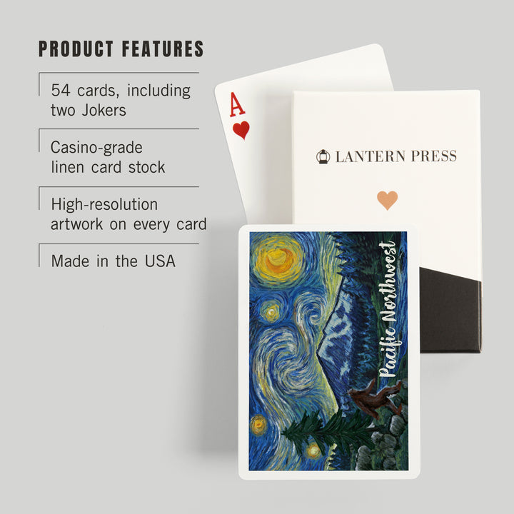 Playing Cards, Pacific Northwest, Bigfoot, Starry Night, 52 Card Deck with Jokers in Box, Unique Art
