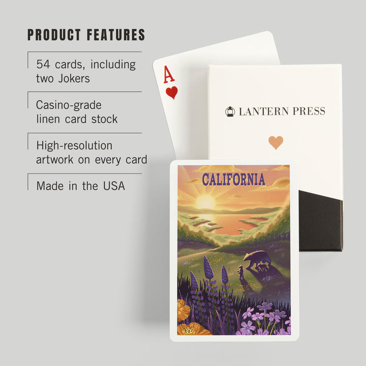 Playing Cards, California, Lithograph, Bear and Spring Flowers, Lake, 52 Card Deck with Jokers in Box, Unique Art