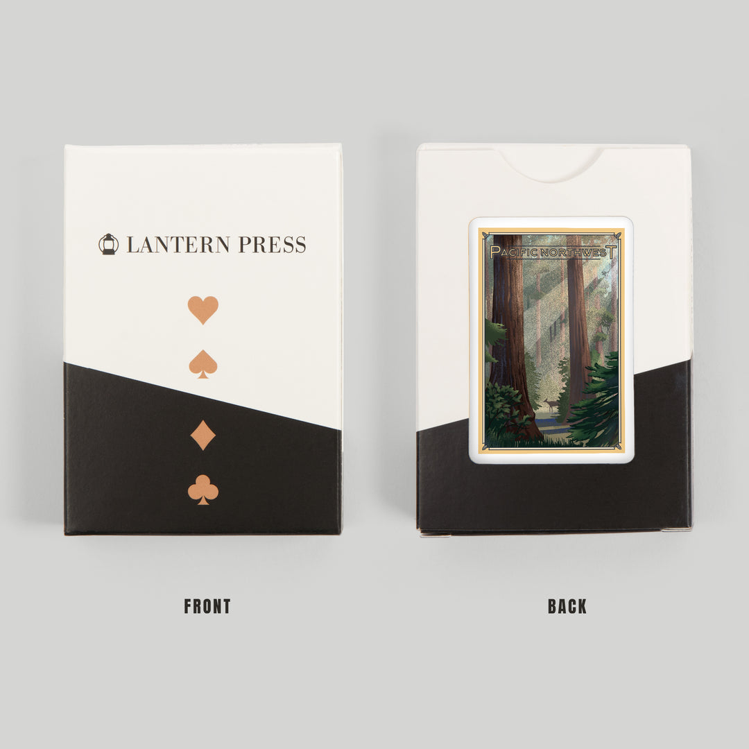 Playing Cards, Pacific Northwest, Deer in Forest, Lithograph, 52 Card Deck with Jokers in Box, Unique Art