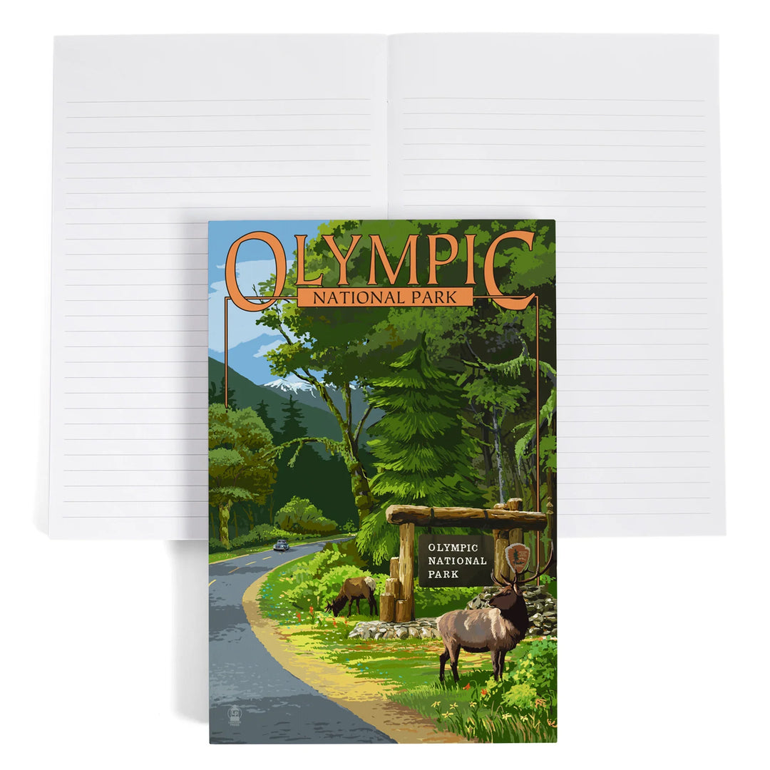 Lined 6x9 Journal, Olympic National Park, Washington, Park Entrance and Elk, Lay Flat, 193 Pages, FSC paper