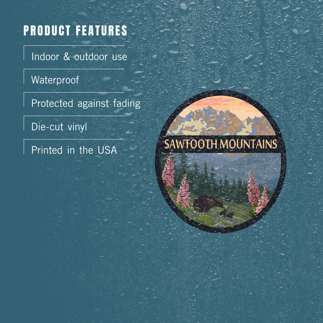 Sawtooth Mountains, Idaho, Bear & Spring Flowers, Contour, Lantern Press Artwork, Vinyl Sticker