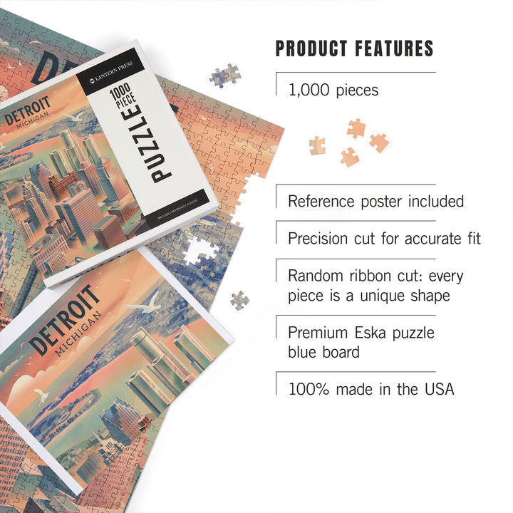 Detroit, Michigan, Lithograph City Series, 1000 Piece Jigsaw Puzzle