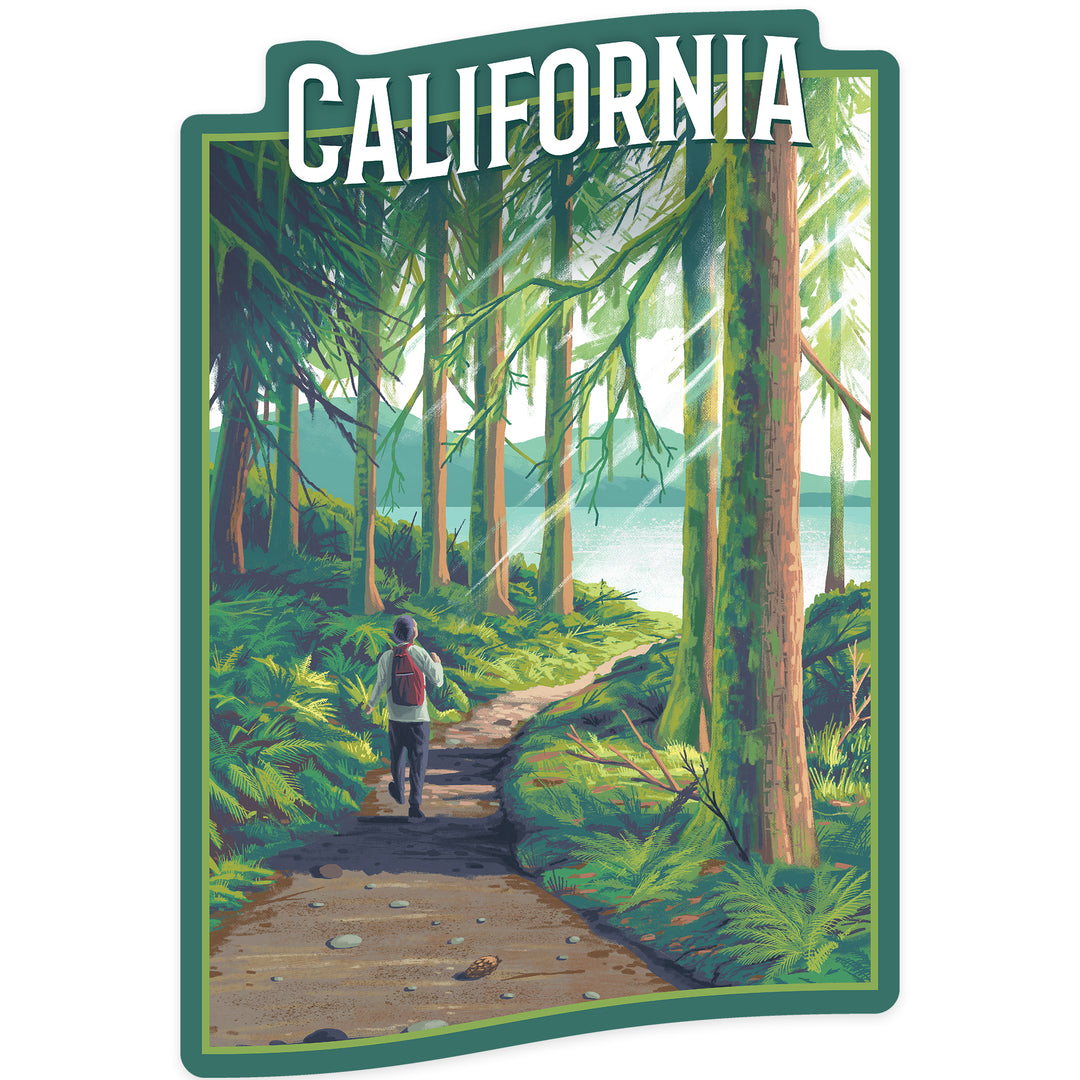 California, Walk In The Woods, Day Hike, Contour, Vinyl Sticker - Lantern Press