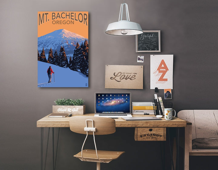 Oregon, Mt. Bachelor and Skier, Lantern Press Artwork, Stretched Canvas