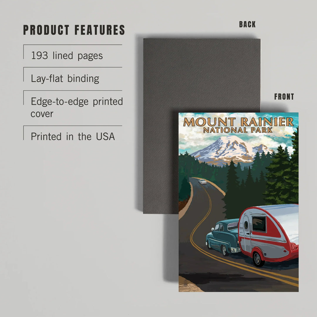 Lined 6x9 Journal, Mount Rainier National Park, Washington, Retro Camper on Road, Lay Flat, 193 Pages, FSC paper