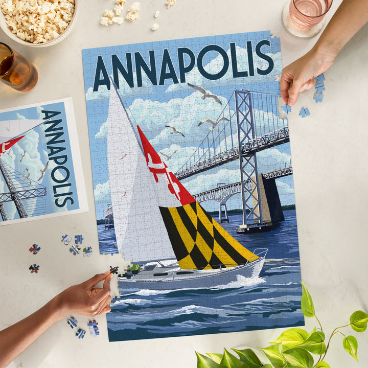 Annapolis, Maryland, Sloop Sailboat and Chesapeake Bay Bridge, Jigsaw Puzzle