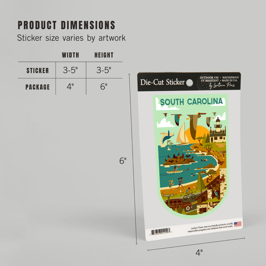 South Carolina Wildlife, Lighthouse and Coastal Life Illustration, Vinyl Sticker