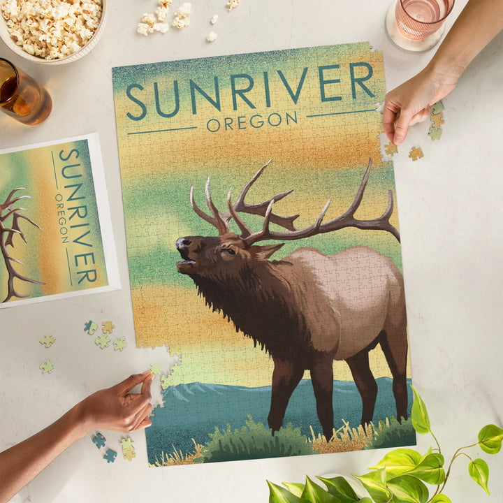 Sunriver, Oregon, Lithograph, Elk, Jigsaw Puzzle