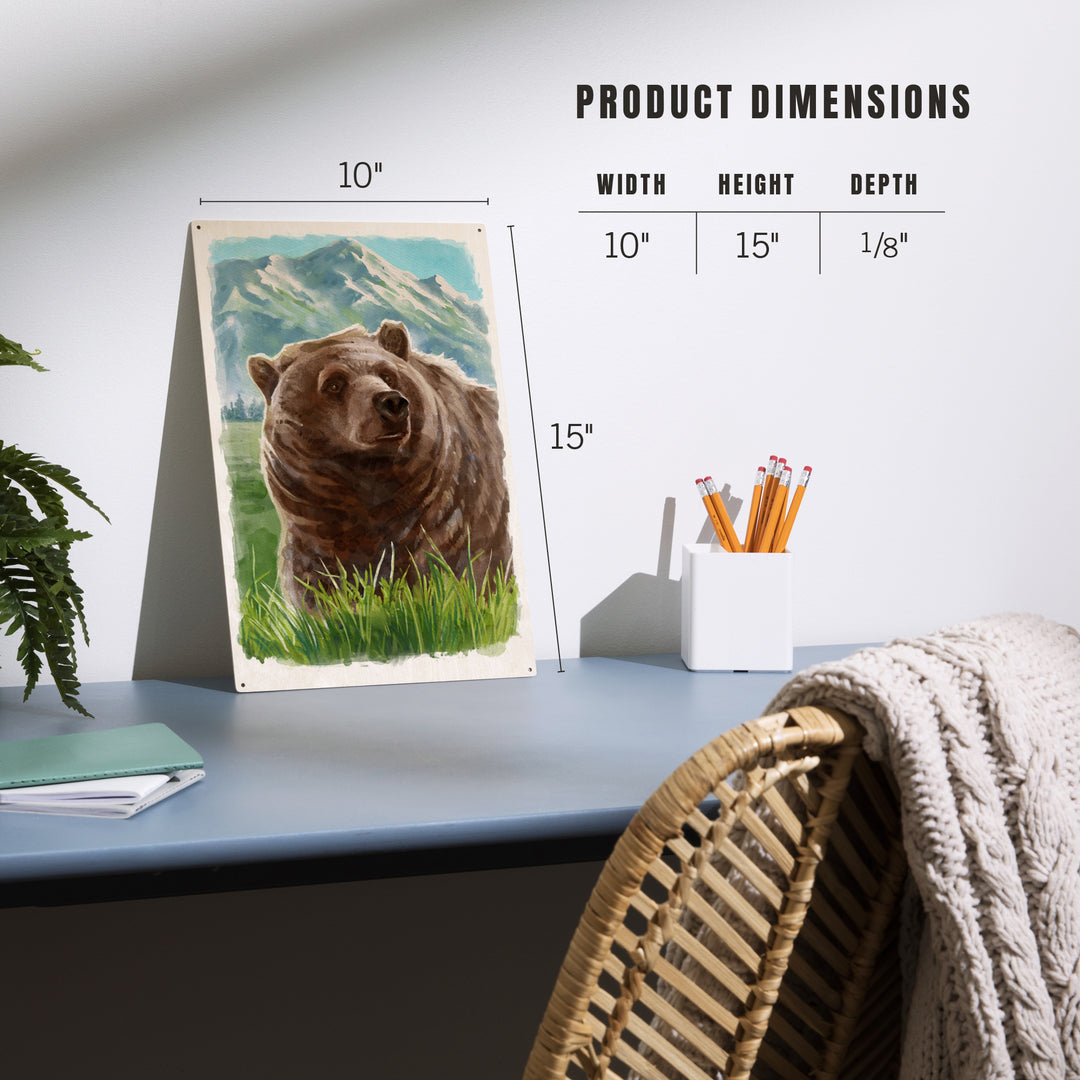 Watercolor Study, Grizzly Bear with Mountain, Wood Signs and Postcards