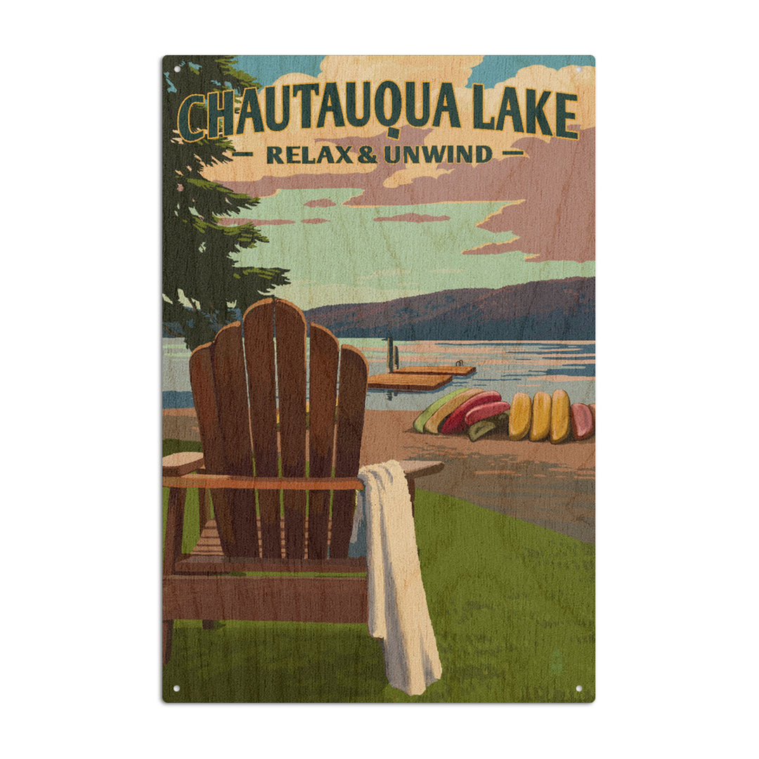 Chautauqua Lake, New York, Lake & Adirondack Chair, Lantern Press Artwork, Wood Signs and Postcards
