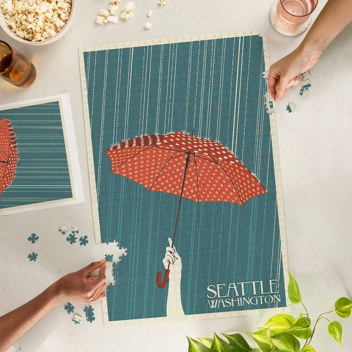 Seattle, Washington, Umbrella Letterpress, Jigsaw Puzzle