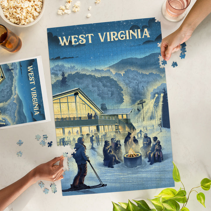 West Virginia, Lithograph, Snow Lodge, 1000 Piece Jigsaw Puzzle