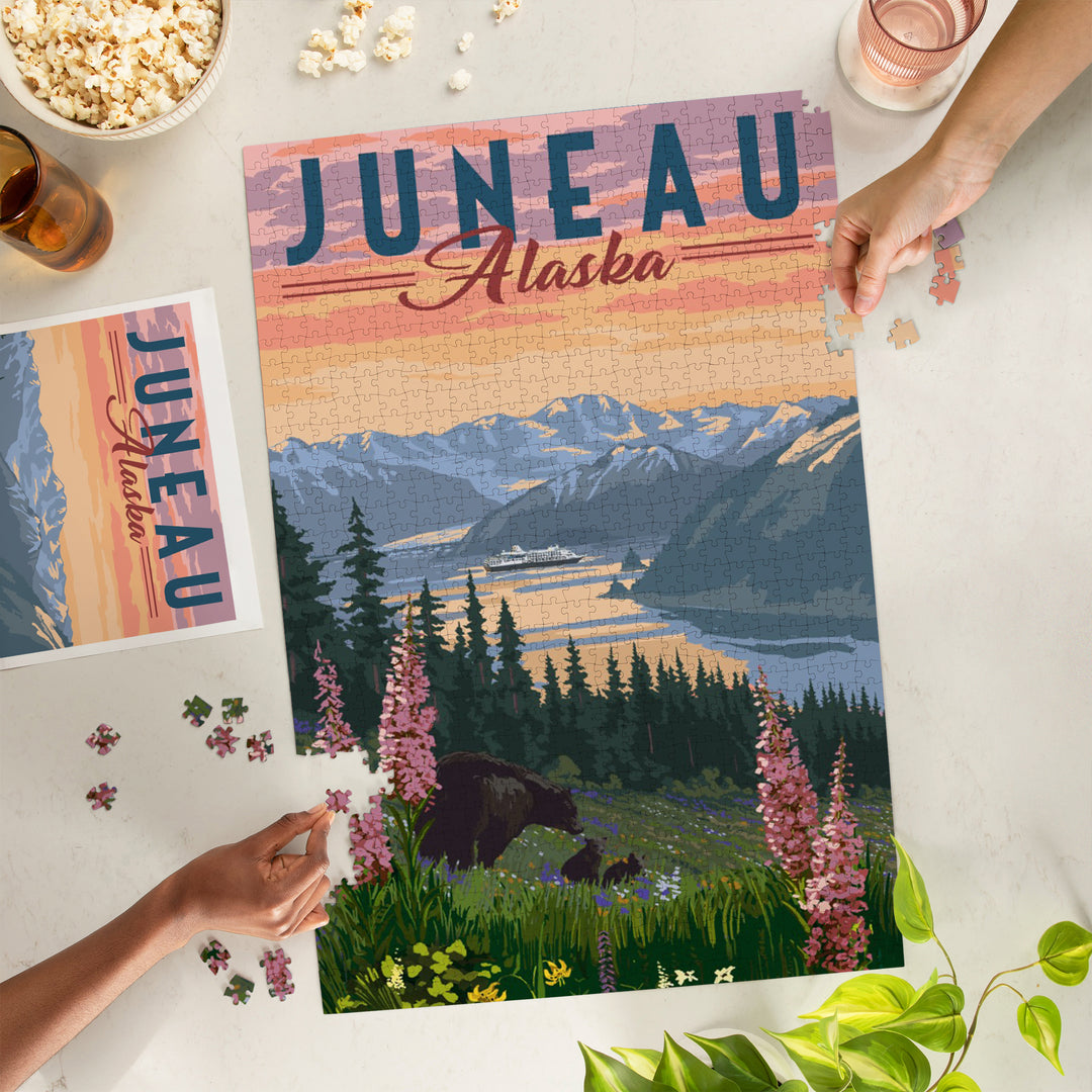 Juneau, Alaska, Painterly, Bear and Spring Flowers, Jigsaw Puzzle