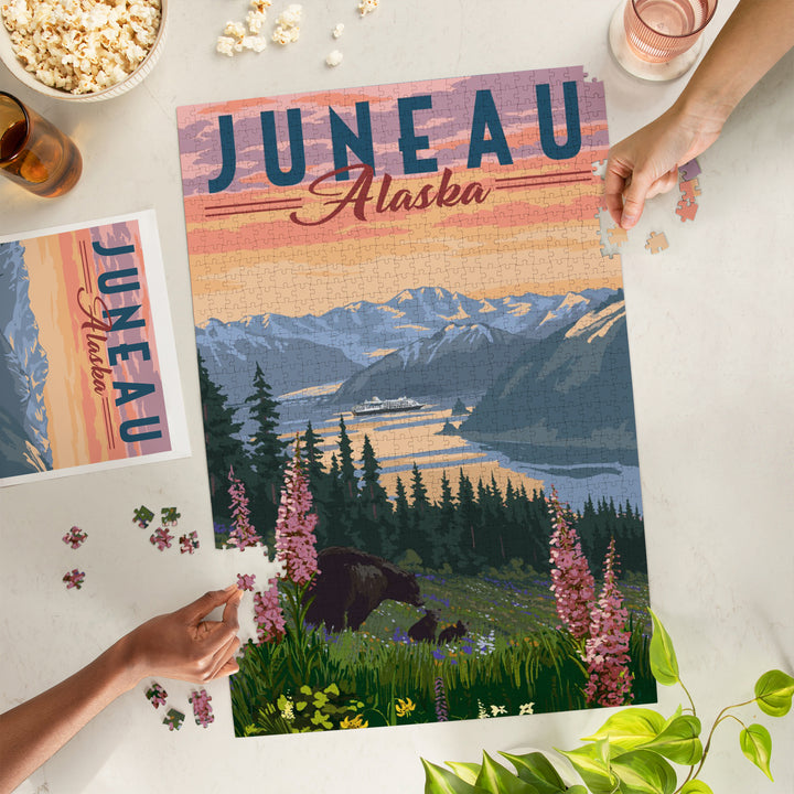 Juneau, Alaska, Painterly, Bear and Spring Flowers, Jigsaw Puzzle