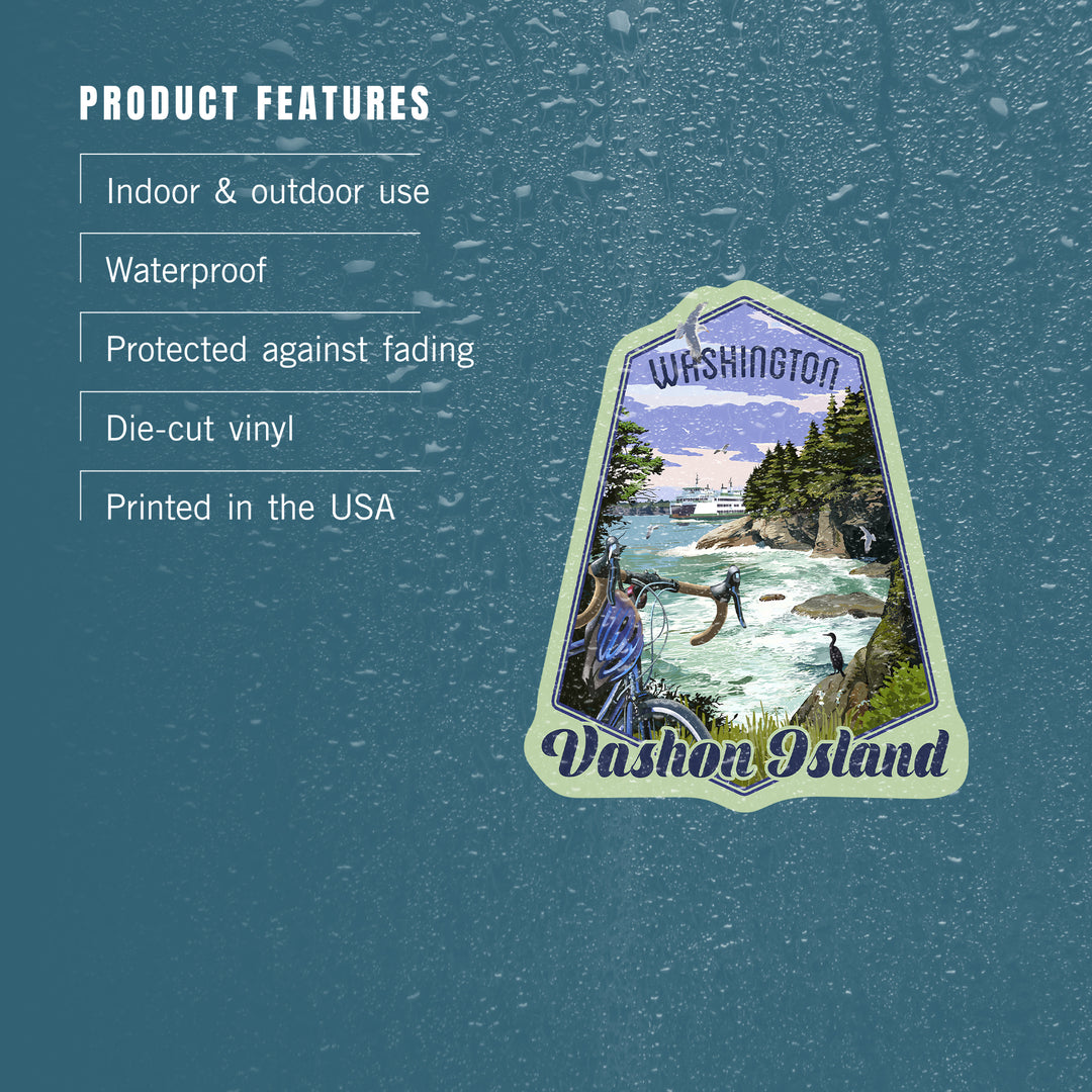 Vashon Island, Washington, Coastal Scene, Bike & Ferry, Contour, Lantern Press Artwork, Vinyl Sticker