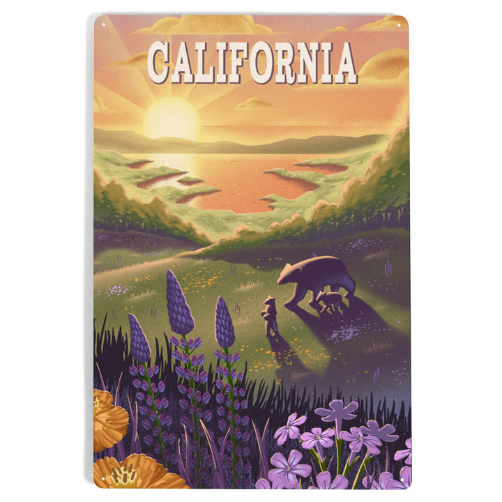 California, Bear and Spring Flowers, Lithograph, Metal Signs