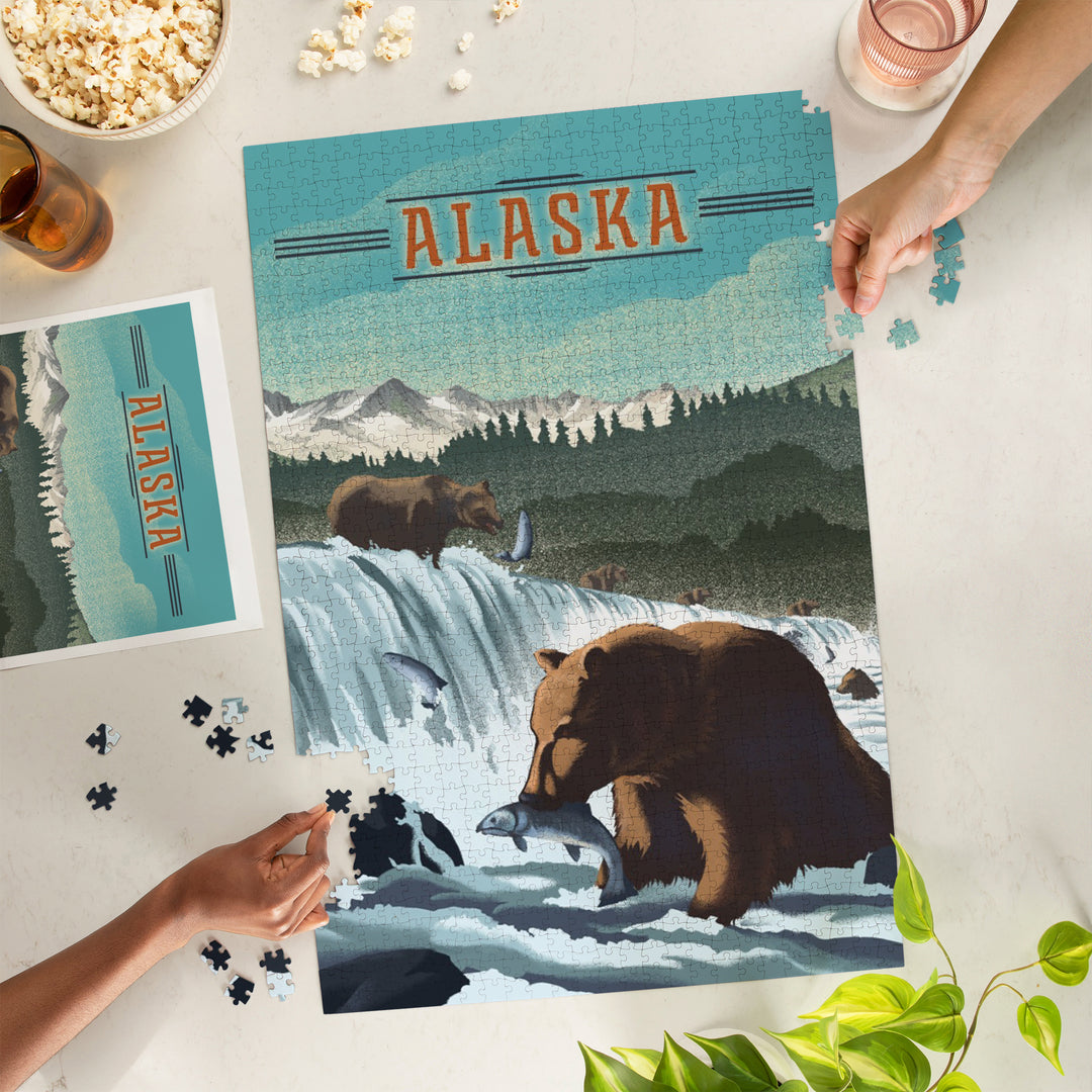Alaska, Lithograph, Bears at Salmon Run, 1000 Piece Jigsaw Puzzle