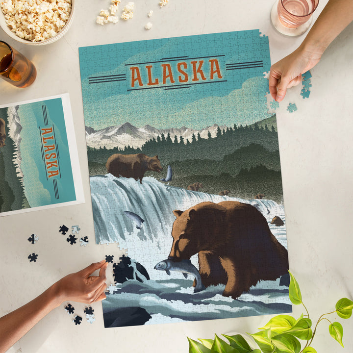 Alaska, Lithograph, Bears at Salmon Run, 1000 Piece Jigsaw Puzzle