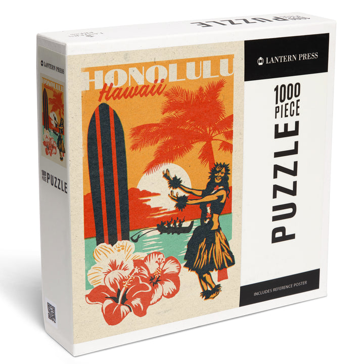 Honolulu, Hawaii, Woodblock City Series, Hula Dancer, 1000 Piece Jigsaw Puzzle