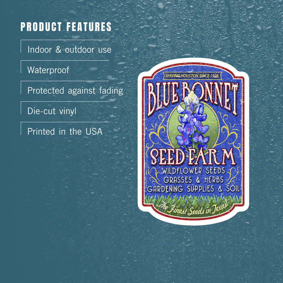 Texas, Blue Bonnet Farm Vintage Sign, Contour, Vinyl Sticker
