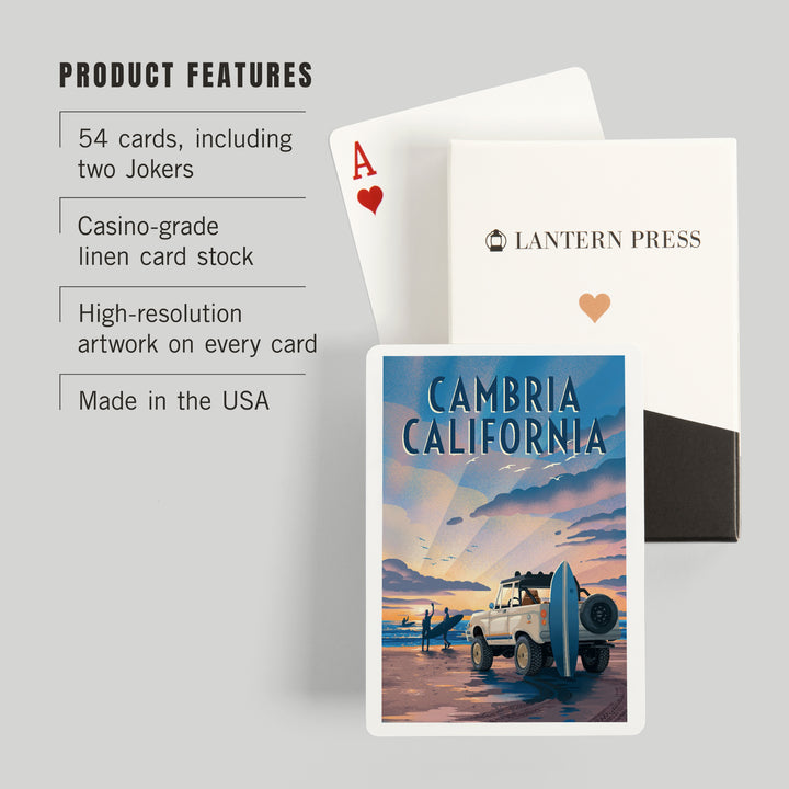 Playing Cards, Cambria, California, Lithograph, Surfers on Beach, 52 Card Deck with Jokers in Box, Unique Art
