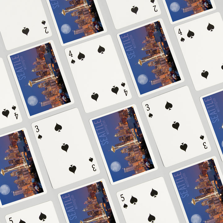 Playing Cards, Seattle, Washington, Skyline and Full Moon, 52 Card Deck with Jokers in Box, Unique Art