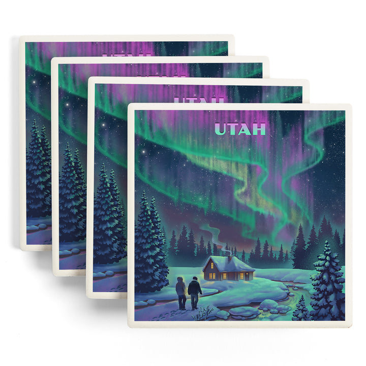 Utah, Lithograph, Northern Lights and Cabin, Coasters