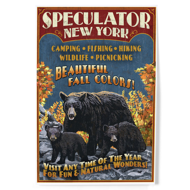 Speculator, New York, Black Bear Family Vintage Sign, Art & Giclee Prints