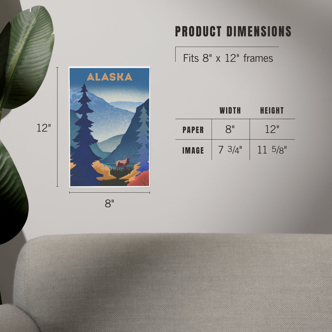 Alaska, Lithograph, Elk and Mountains Scene, Art & Giclee Prints