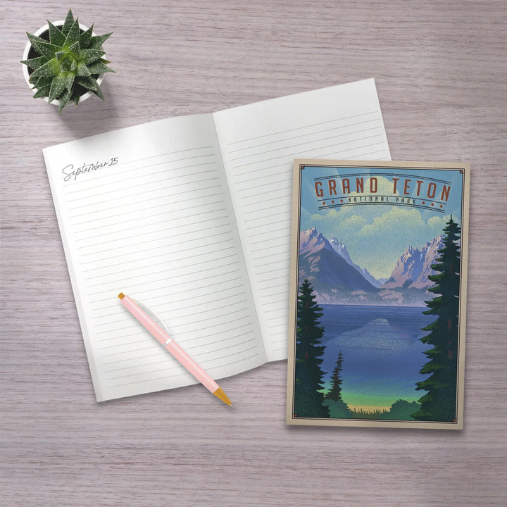Lined 6x9 Journal, Grand Teton National Park, Wyoming, Lithograph National Park Series, Lay Flat, 193 Pages, FSC paper