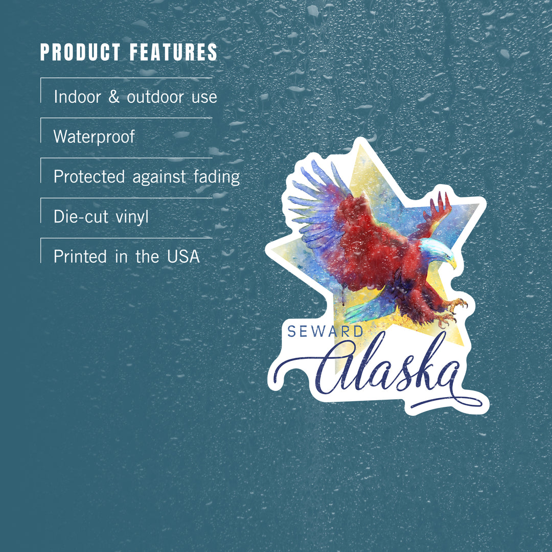 Seward, Alaska, Eagle, Watercolor, Contour, Vinyl Sticker