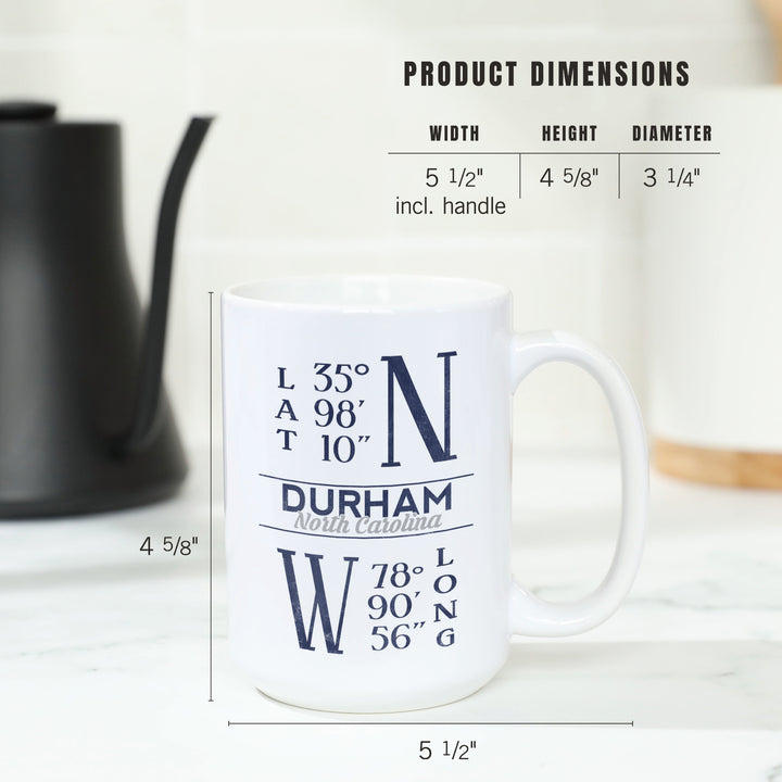 Durham, North Carolina, Latitude & Longitude (Blue), Lantern Press Artwork, Ceramic Mug