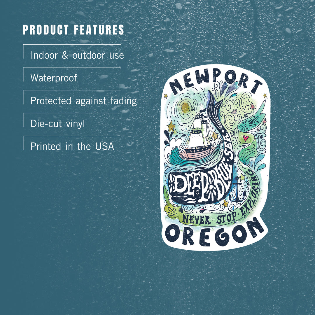 Newport, Oregon, Watercolor Whale, Deep Blue Sea, Contour, Vinyl Sticker