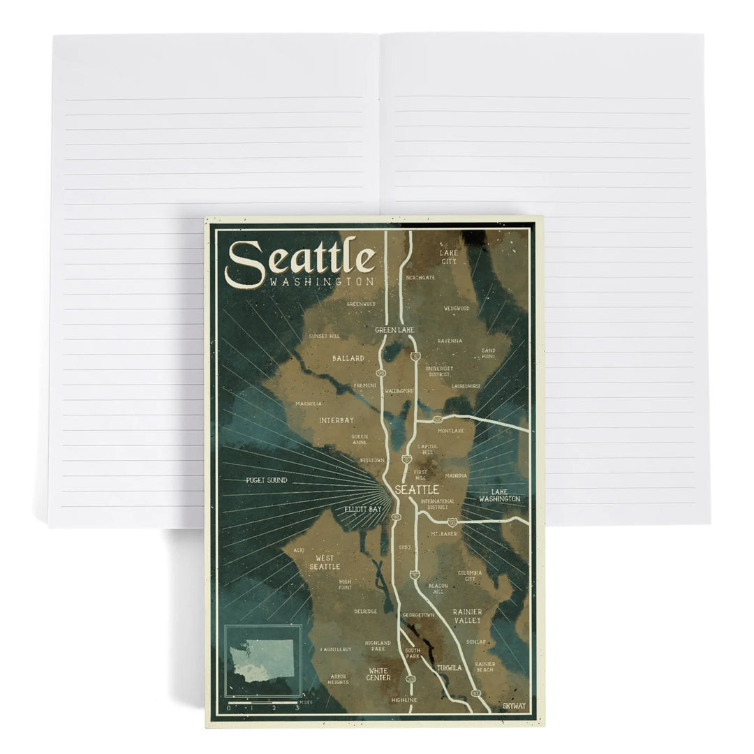 Lined 6x9 Journal, Seattle, Washington, Nautical Map, Lay Flat, 193 Pages, FSC paper