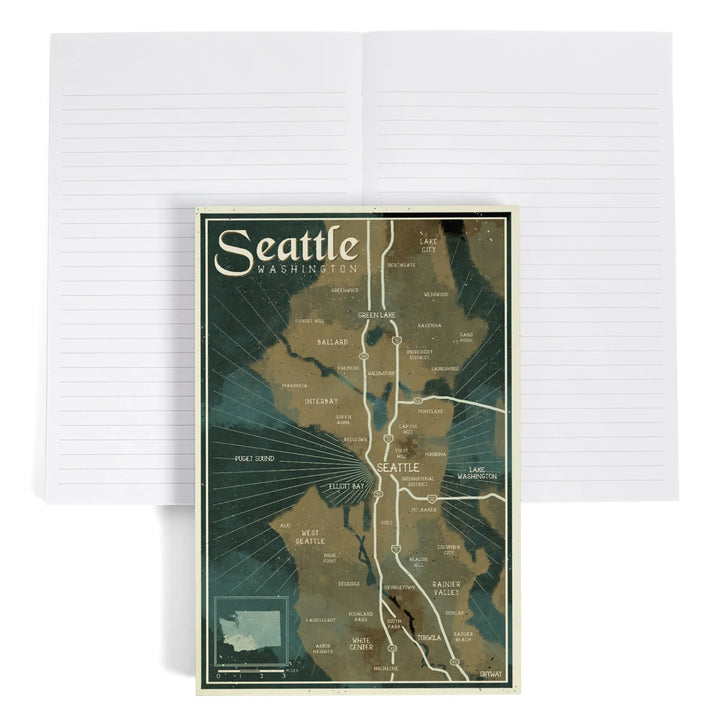 Lined 6x9 Journal, Seattle, Washington, Nautical Map, Lay Flat, 193 Pages, FSC paper