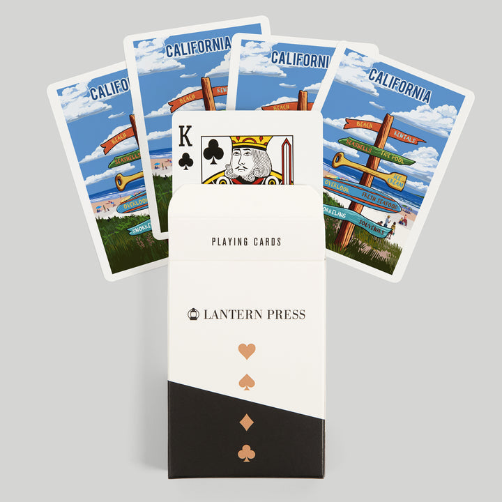 Playing Cards, California, Signpost, Coast Beach with Umbrellas, 52 Card Deck with Jokers in Box, Unique Art